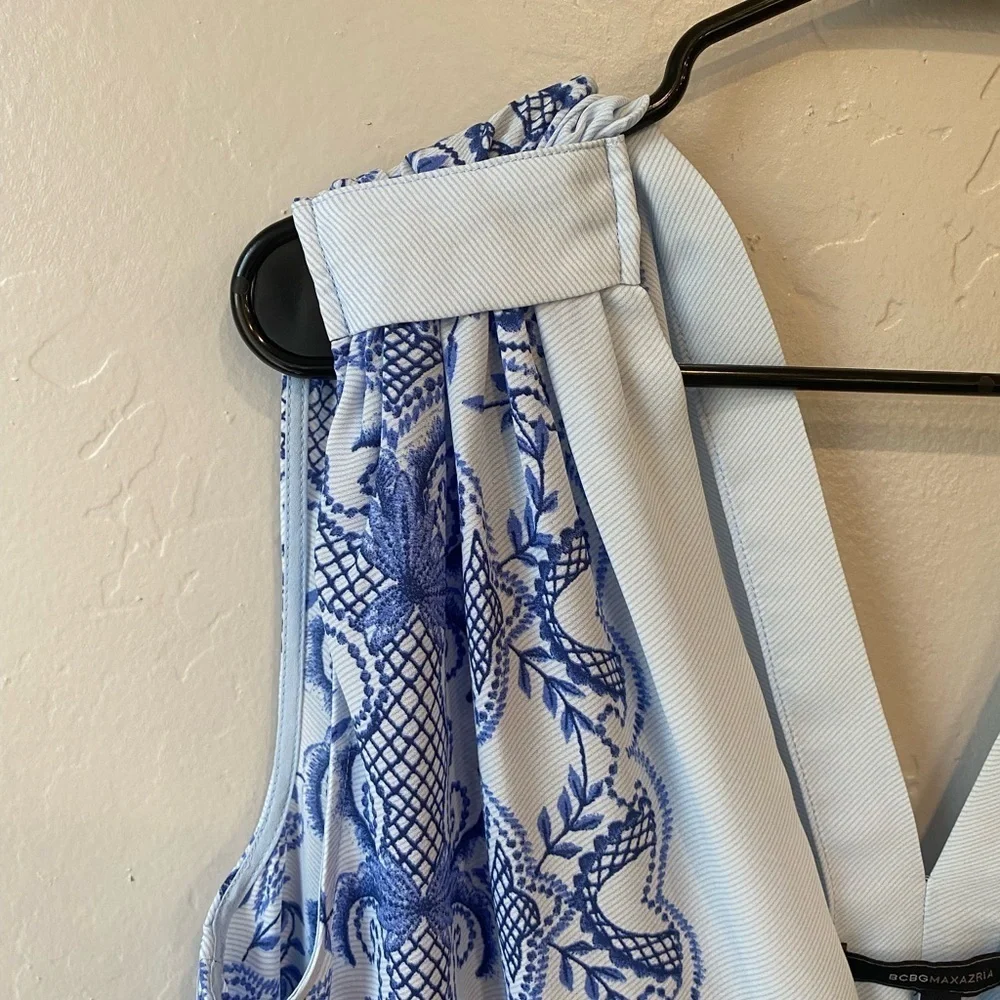 BCBGMaxAzria V-Neck Floral Scarf Print Vance Tie Waist Romper - Light Oasis Blue